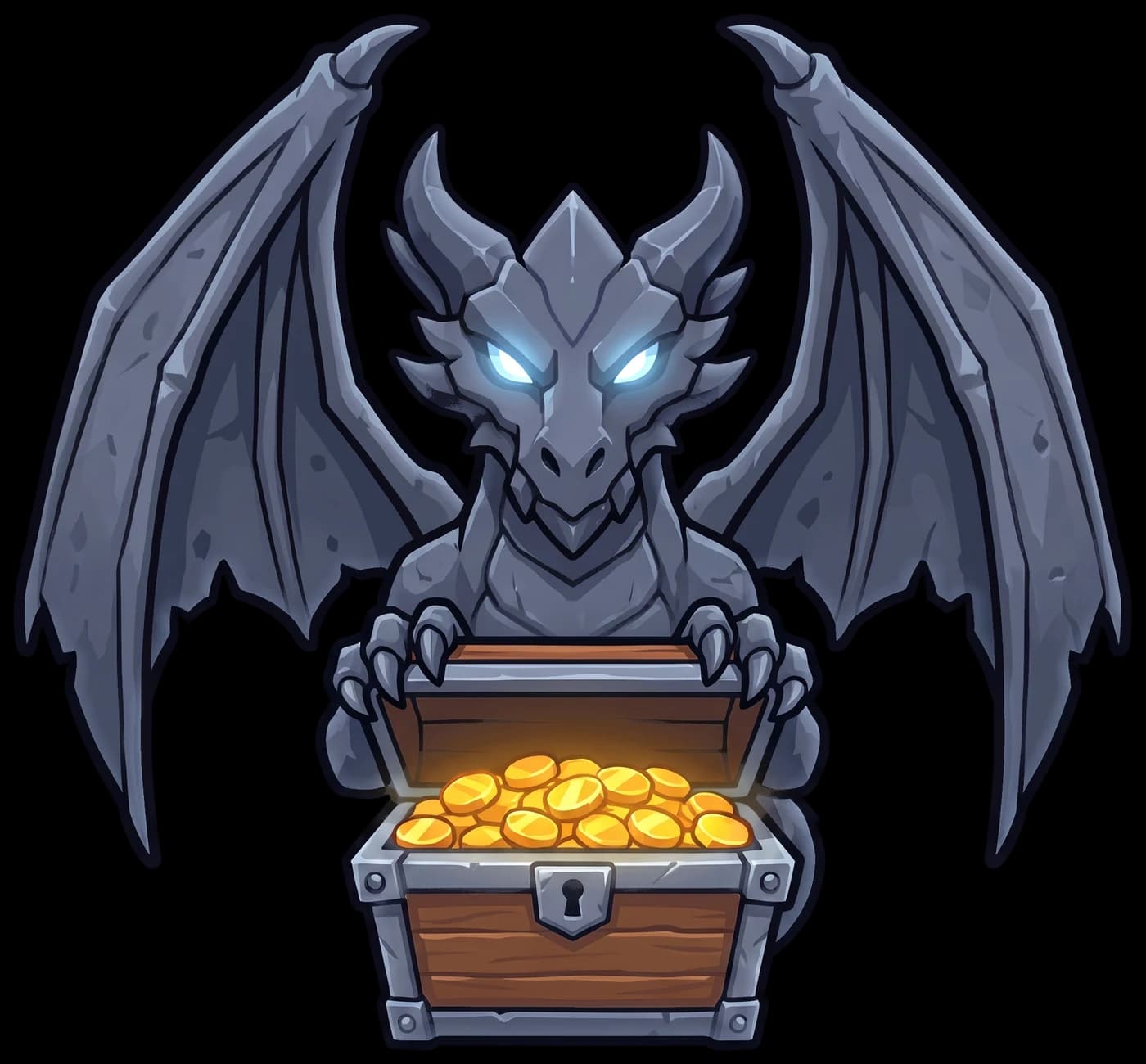 A stone dragon with glowing blue eyes guarding an open treasure chest full of gold