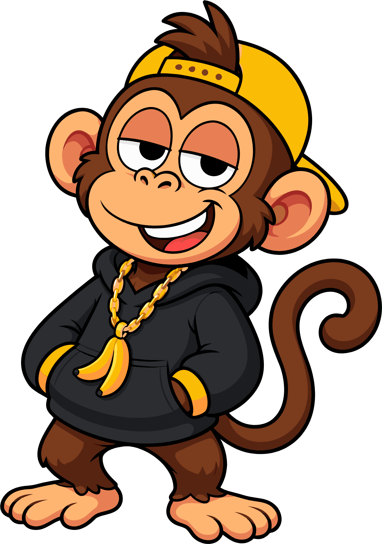 Greedy Monkey, a smug cartoon monkey in a yellow backwards cap, black hoodie and banana chain