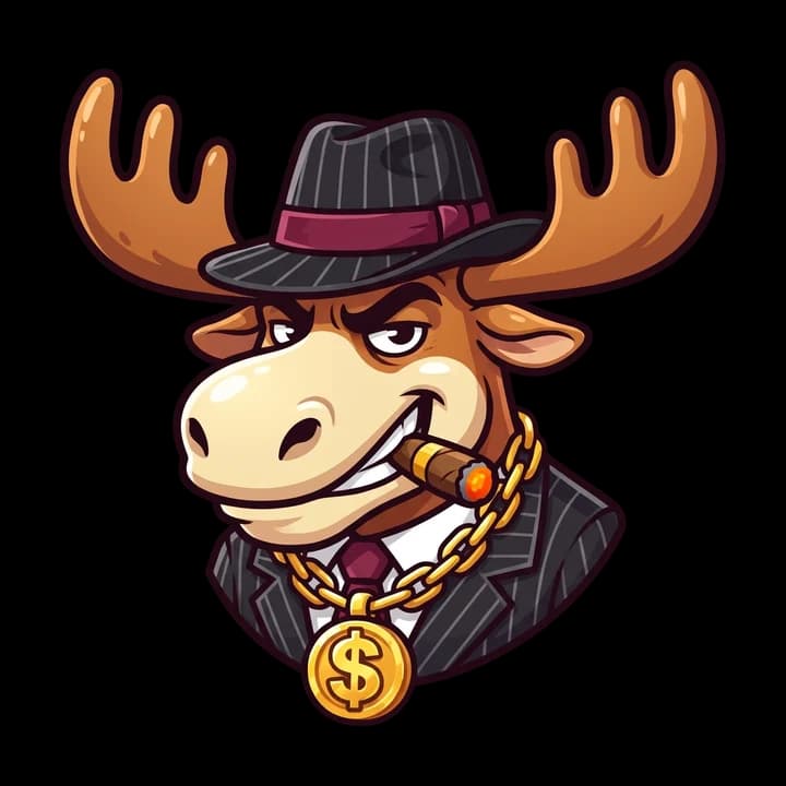 Boss Moose, a cartoon moose in a pinstripe suit, fedora and gold dollar chain, chewing a cigar
